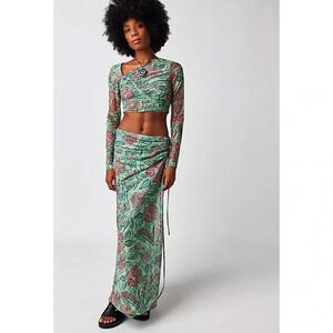 NWT Free People Supernova Set Two Piece Skirt Crop Top Long Sleeve Green Medium